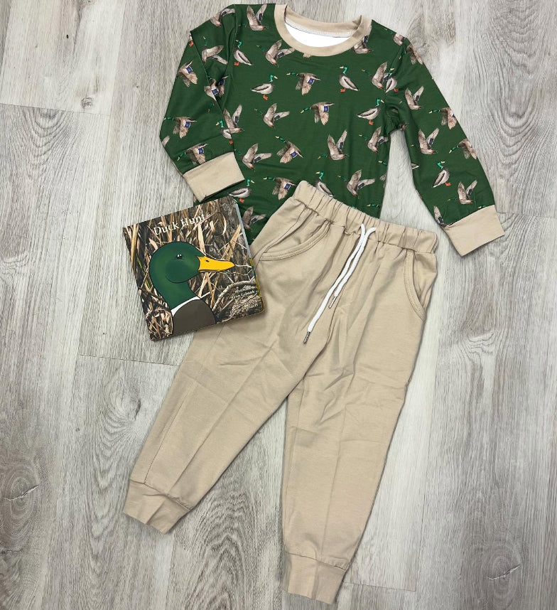(Pre Order) No moq BLP1261 Pre-order baby boy clothes duck green long sleeve pants sets-2025.8.29