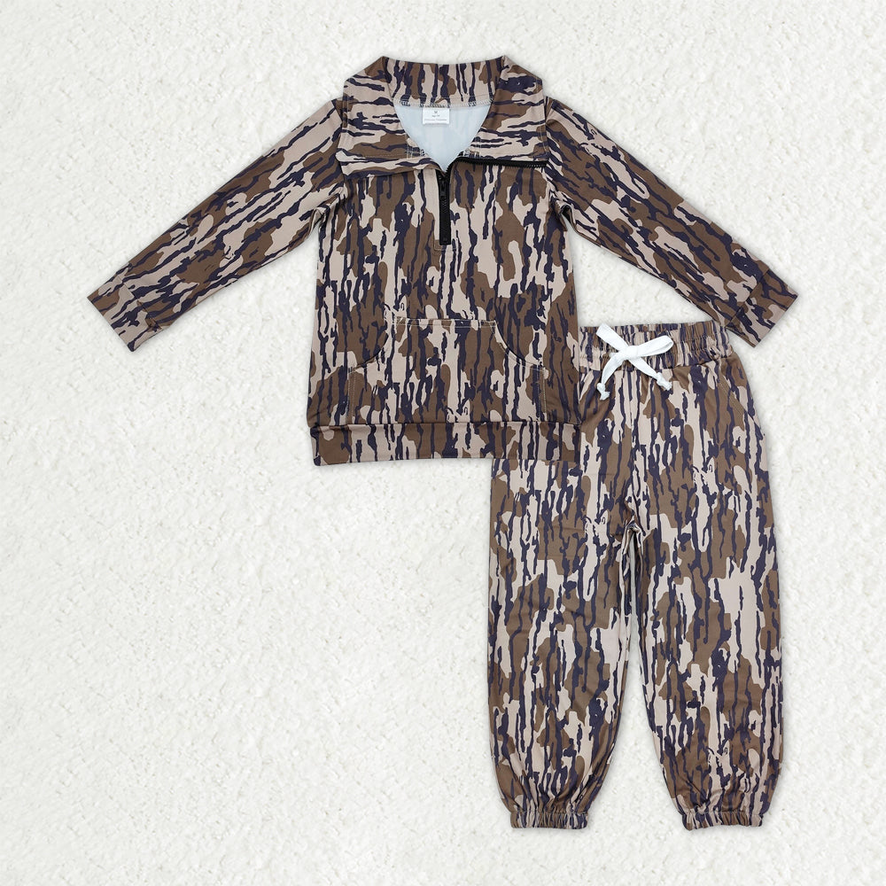 RTS NO MOQ Baby Boys Olive Camo Long Sleeves Pocket Zipper Pullover Top Jogger Pants Clothes Set