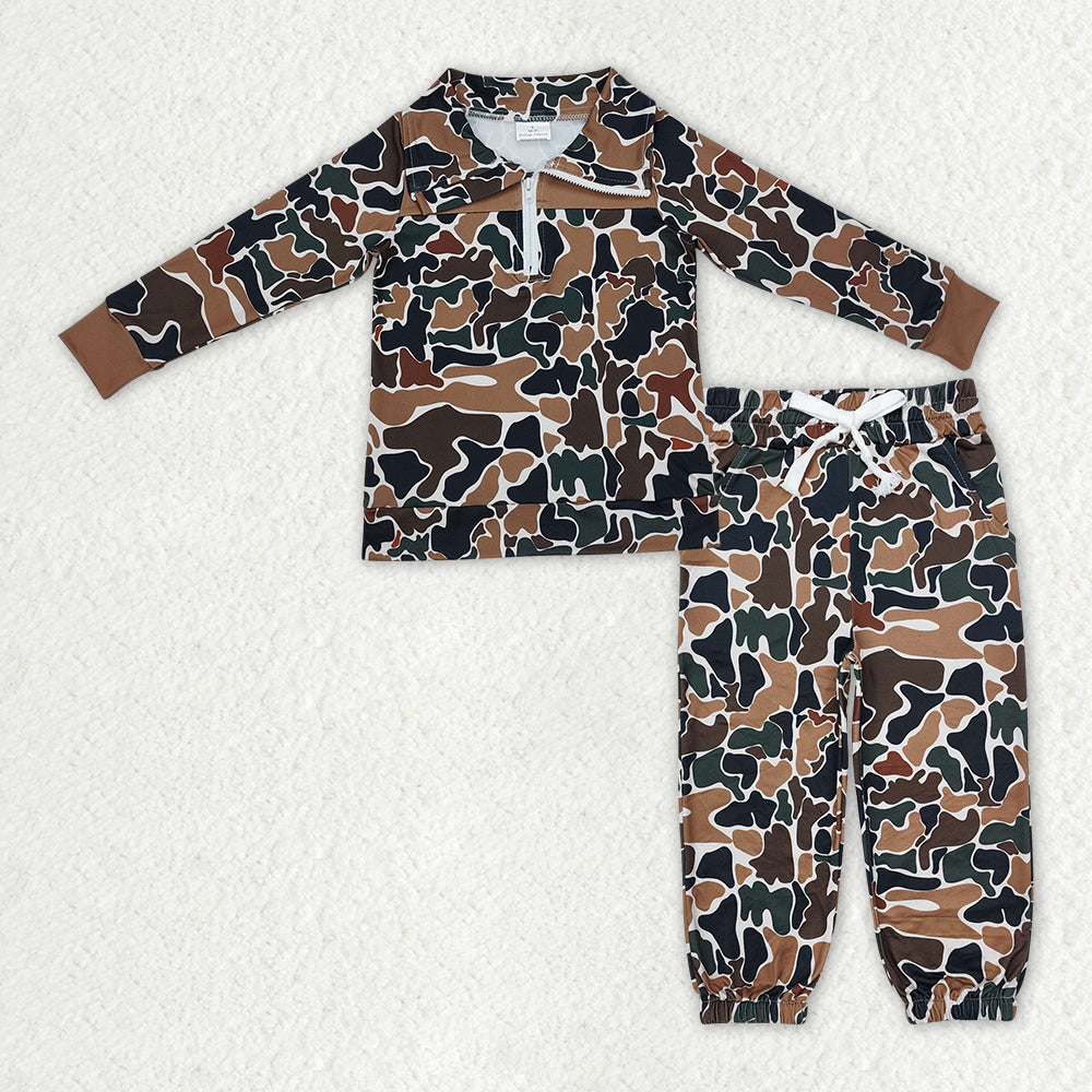 RTS NO MOQ Baby Boys Dark Brown Camo Zipper Pullover Top Pocket Jogger Clothes Set