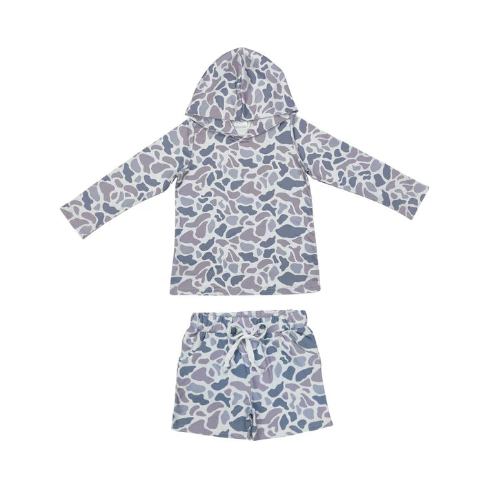 RTS NO MOQ Baby Boys Light Grey Camo Hoodie Top Pockets Shorts Southern Clothes Sets