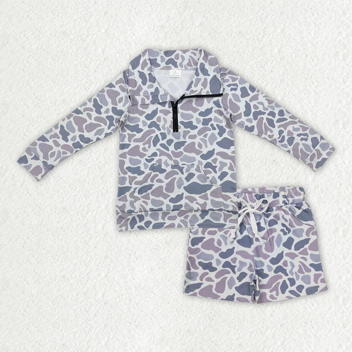 RTS NO MOQ(In Stock) Baby Boys Long Sleeve Camo Zipper Pullover Pockets Shorts Southern Clothes Set