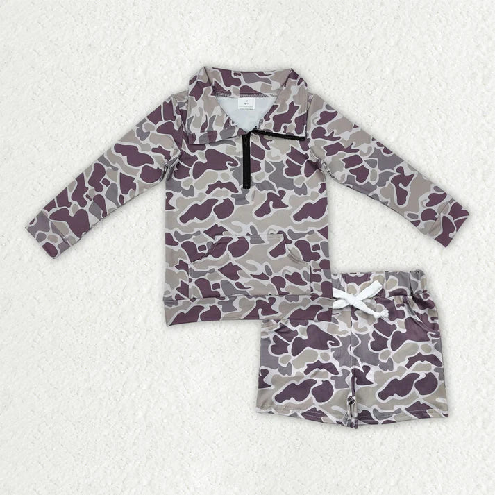 RTS NO MOQ(In Stock) Baby Boys Long Sleeve Camo Zipper Pullover Pockets Shorts Southern Clothes Set