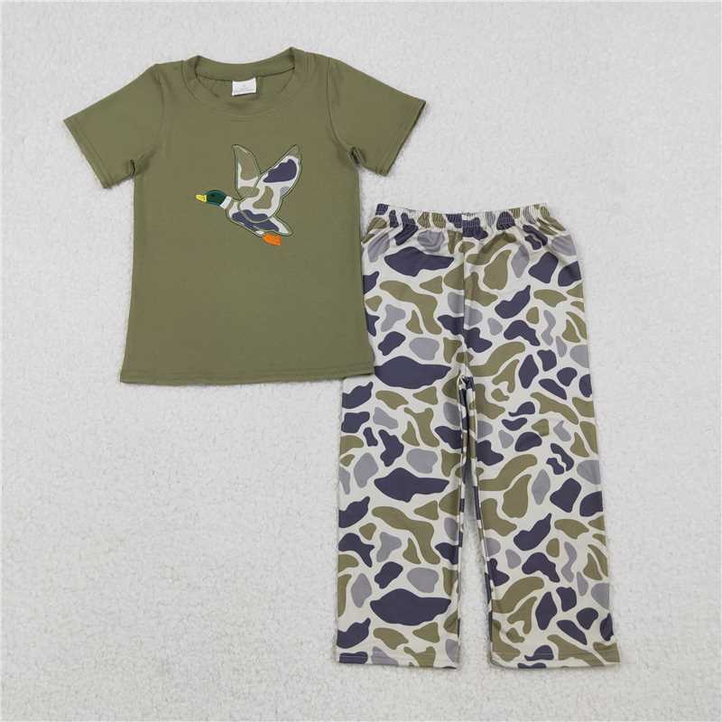 RTS NO MOQ(In Stock) BSPO0583 baby boy clothes embroidered duck camouflage short sleeve trousers suit
