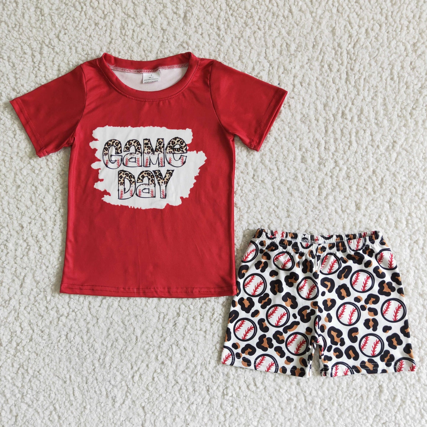 RTS NO MOQ BSSO0026 Boys GameDay Red Short Sleeve Baseball Leopard Print Shorts Set