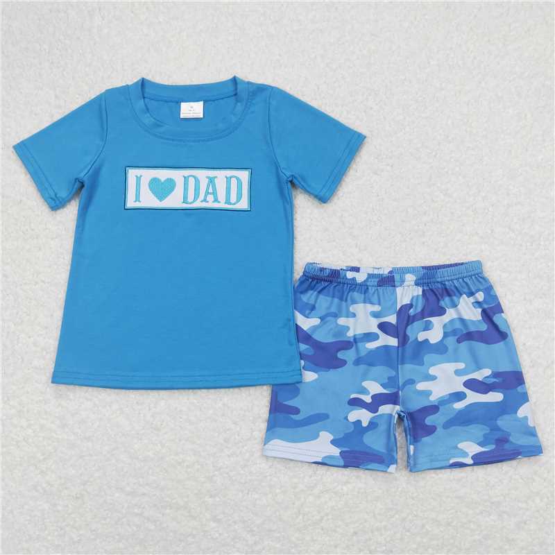 RTS NO MOQ(In Stock) BSSO0455 Boys Embroidered Camouflage i love dad Short Sleeve Shorts Set