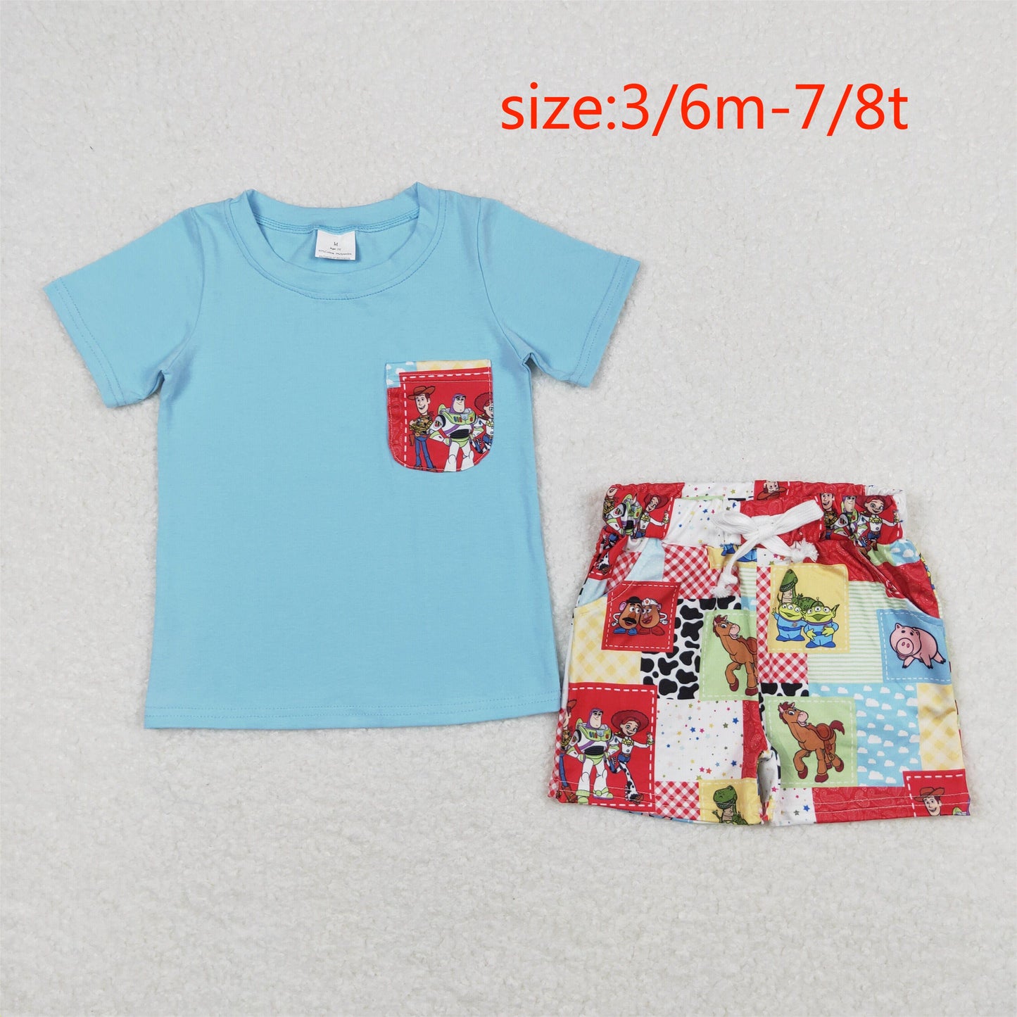 BSSO0535 Toy Story Plaid Pocket Blue Short Sleeve Shorts Set