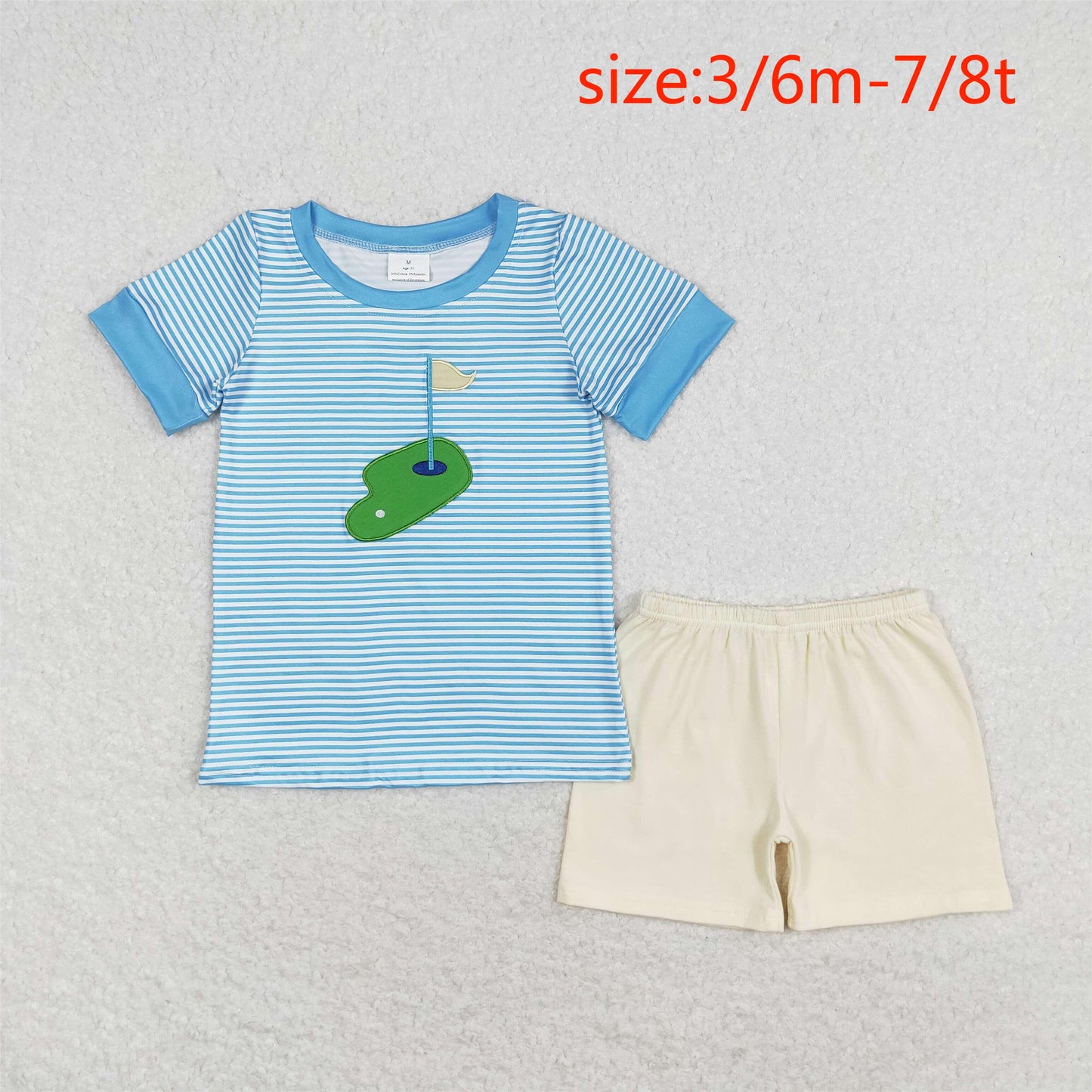 RTS NO MOQ(In Stock) Embroidered Golf Stripe Blue Short Sleeve Beige Shorts