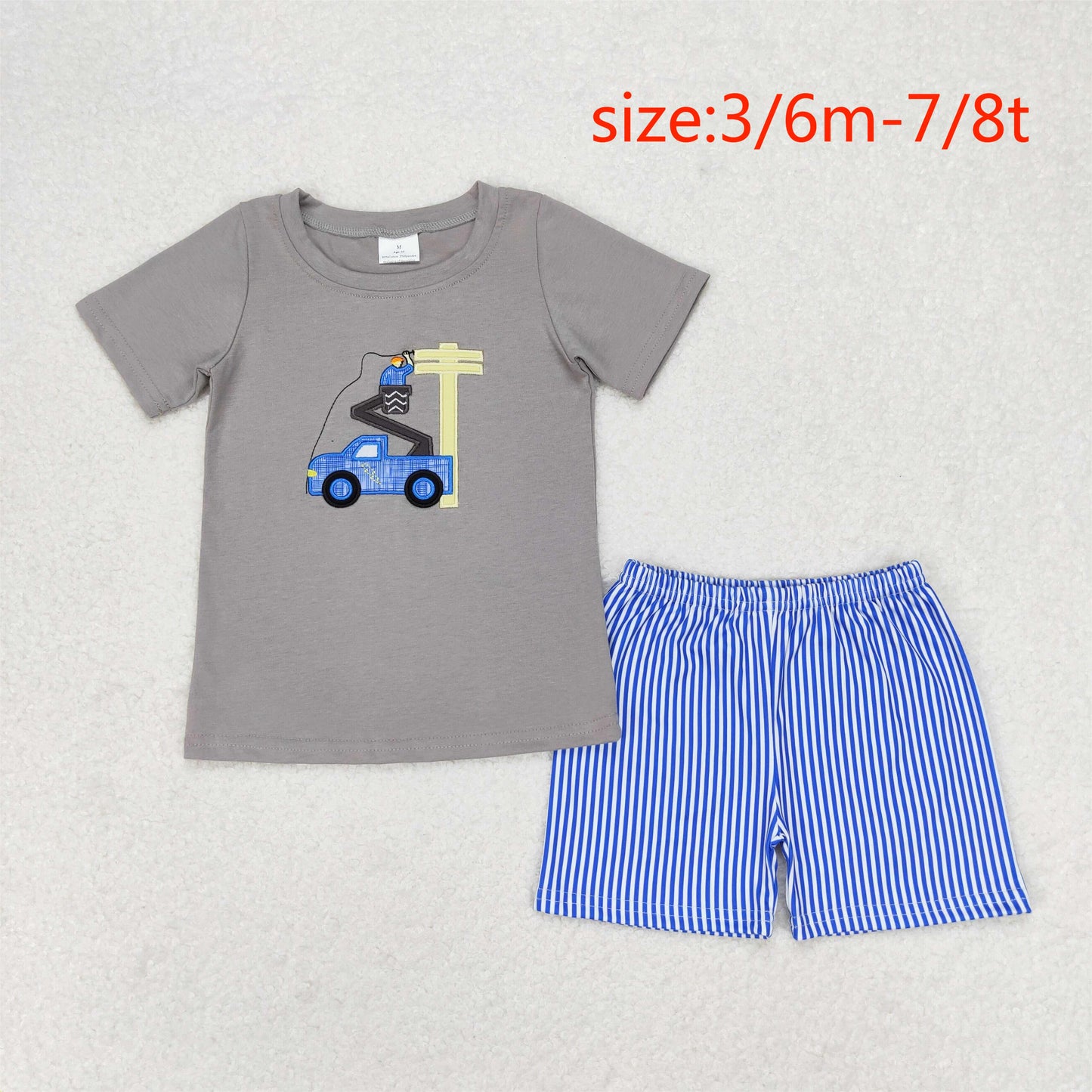 RTS NO MOQ(In Stock) Embroidery utility pole maintenance worker gray short-sleeved blue striped shorts suit