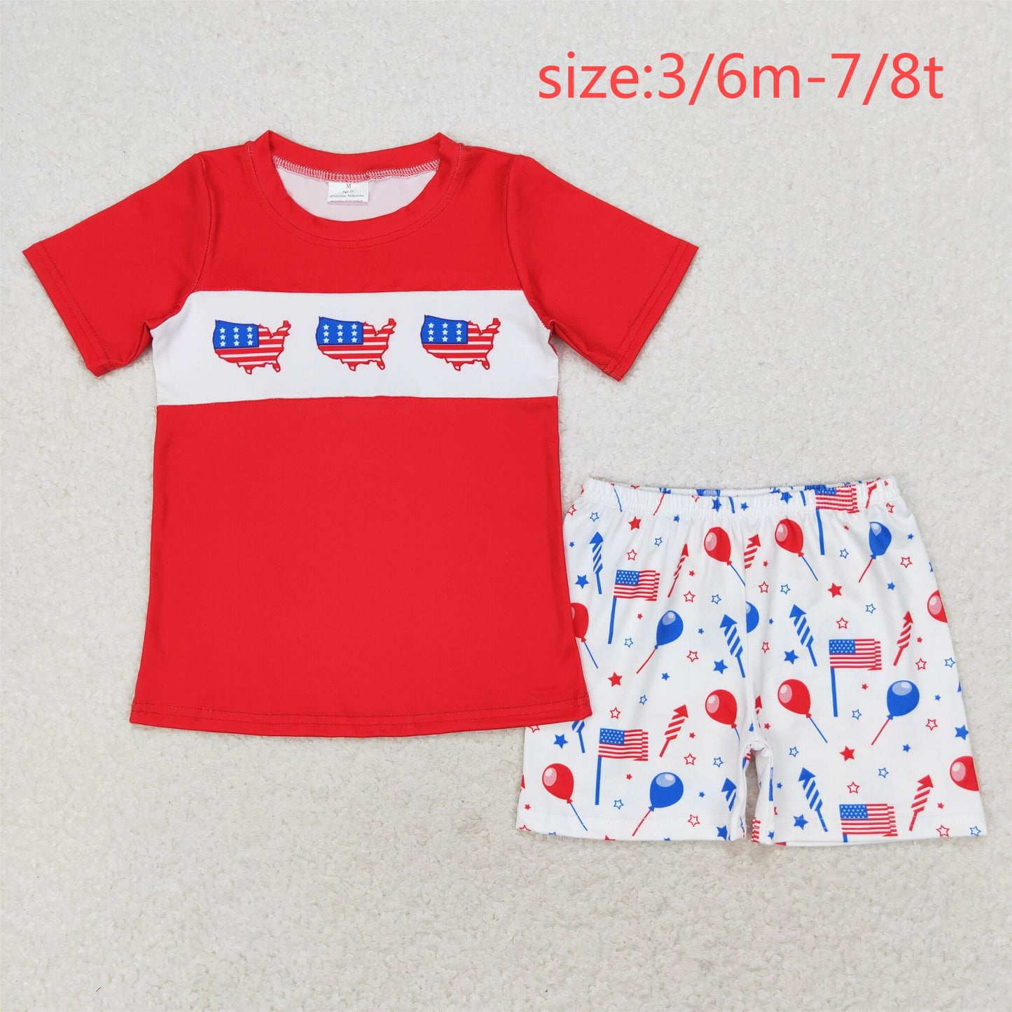 RTS NO MOQ(In Stock) American flag red short-sleeved balloon star fireworks white shorts suit