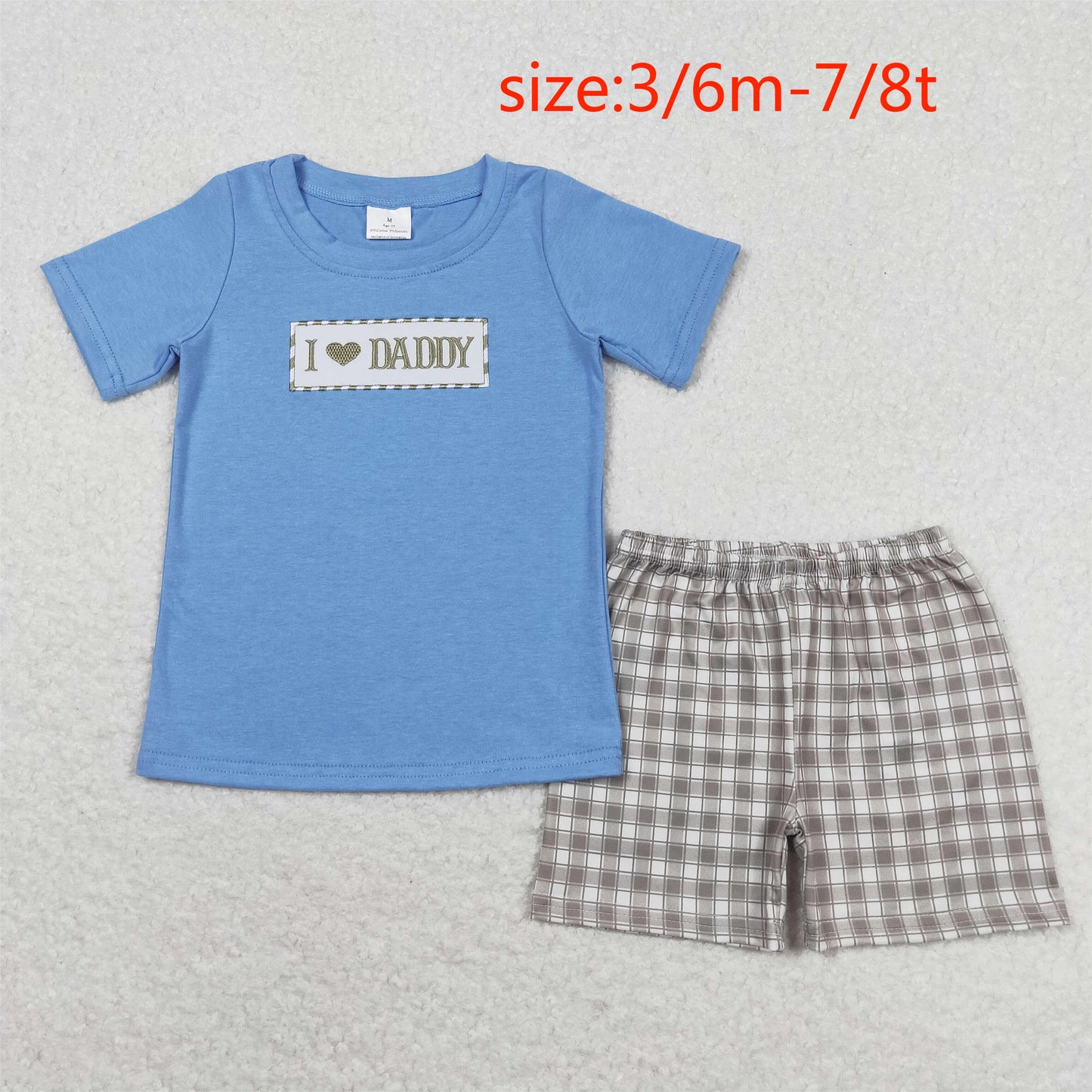 RTS NO MOQ(In Stock) I love daddy embroidered lettering blue short-sleeved green plaid shorts suit