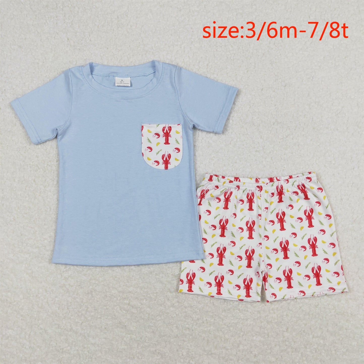 RTS NO MOQ(In Stock) Crayfish Corn Pocket Blue Short Sleeve White Shorts Suit
