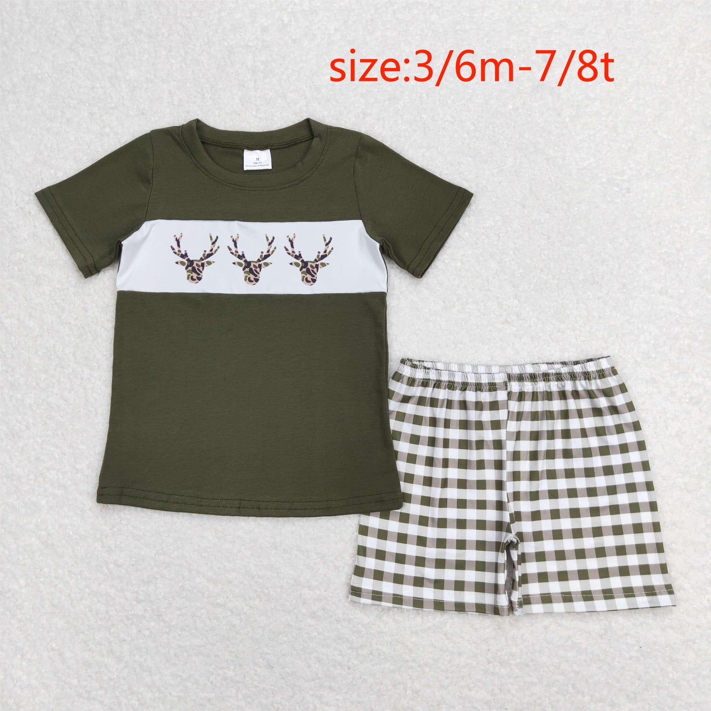 RTS NO MOQ(In Stock) Three Elks Army Green Short Sleeve Plaid Shorts Suit