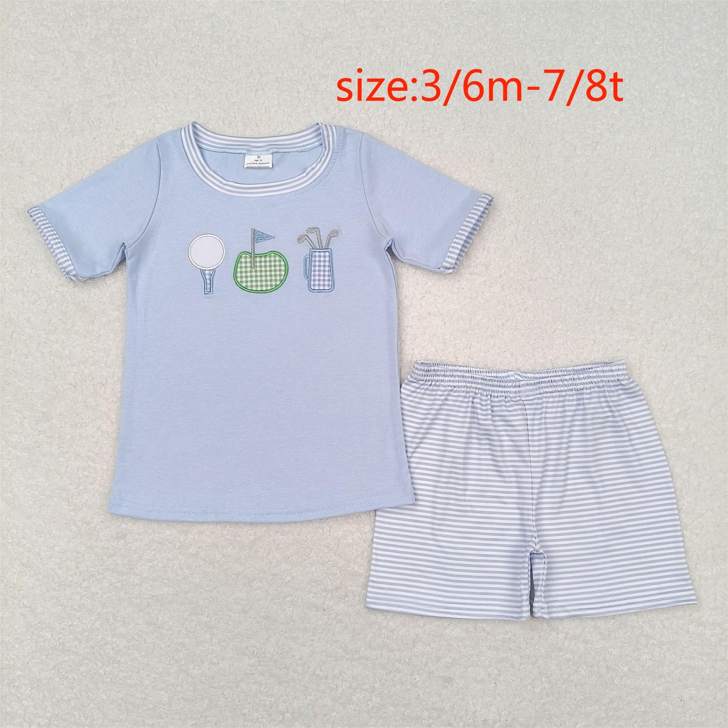 RTS NO MOQ(In Stock) Embroidered golf flag blue short-sleeved striped shorts suit