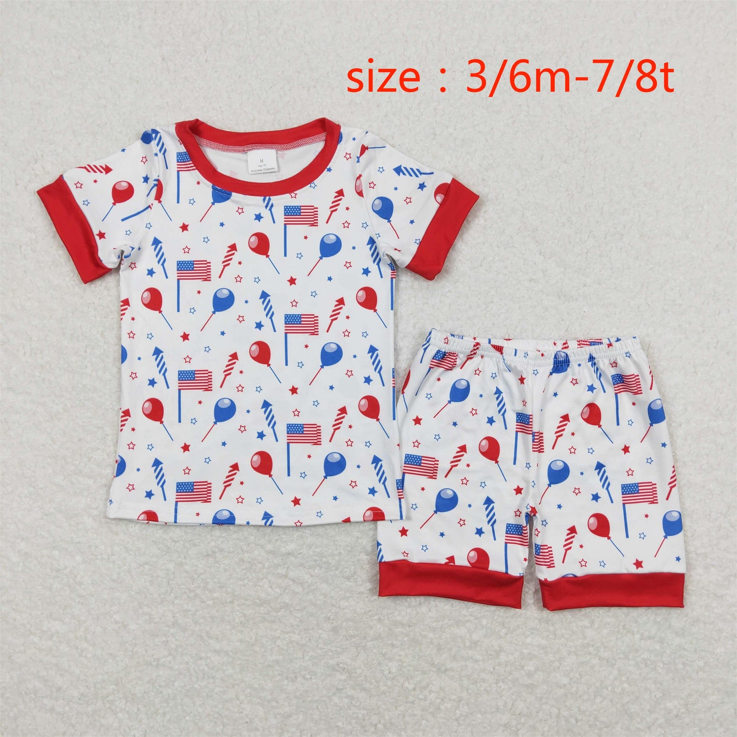 BSSO0707 Balloon Flag Firework Red and White Short Sleeve Shorts Pajamas Set