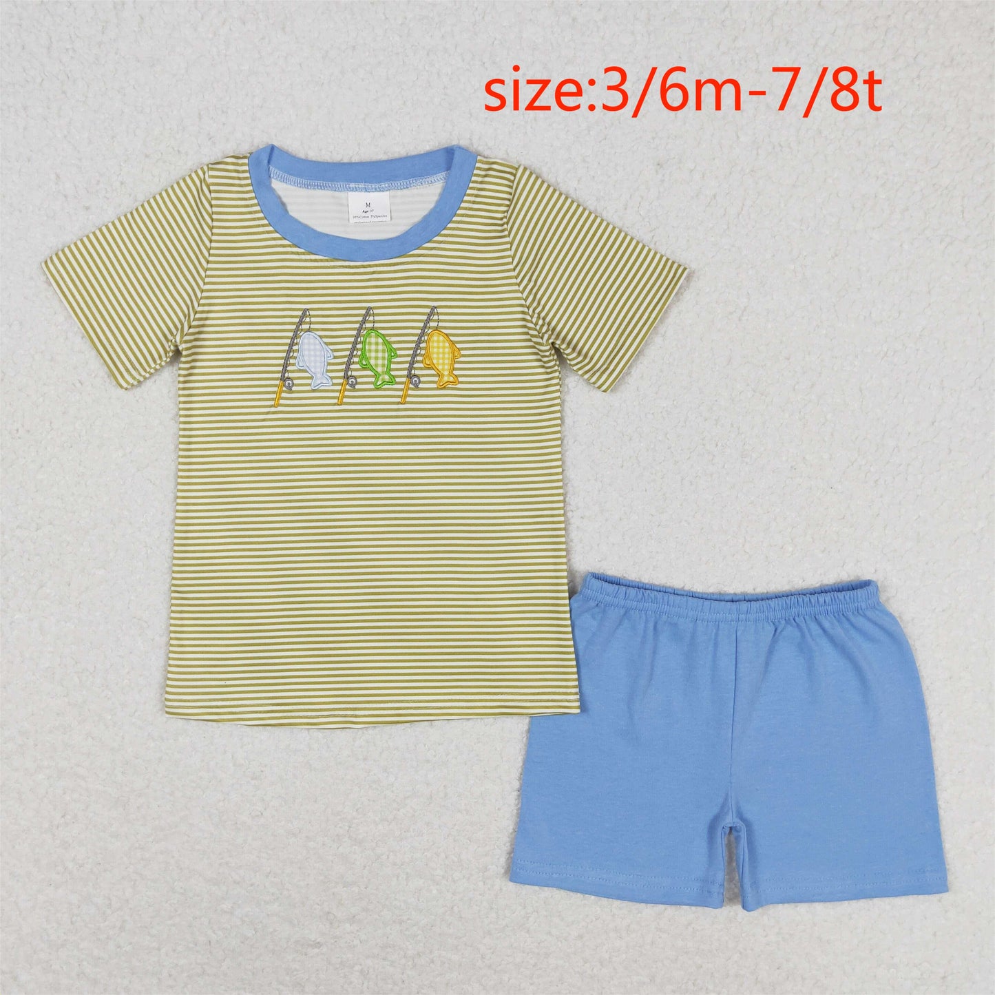 RTS NO MOQ(In Stock) Embroidered fishing yellow striped short-sleeved blue shorts suit