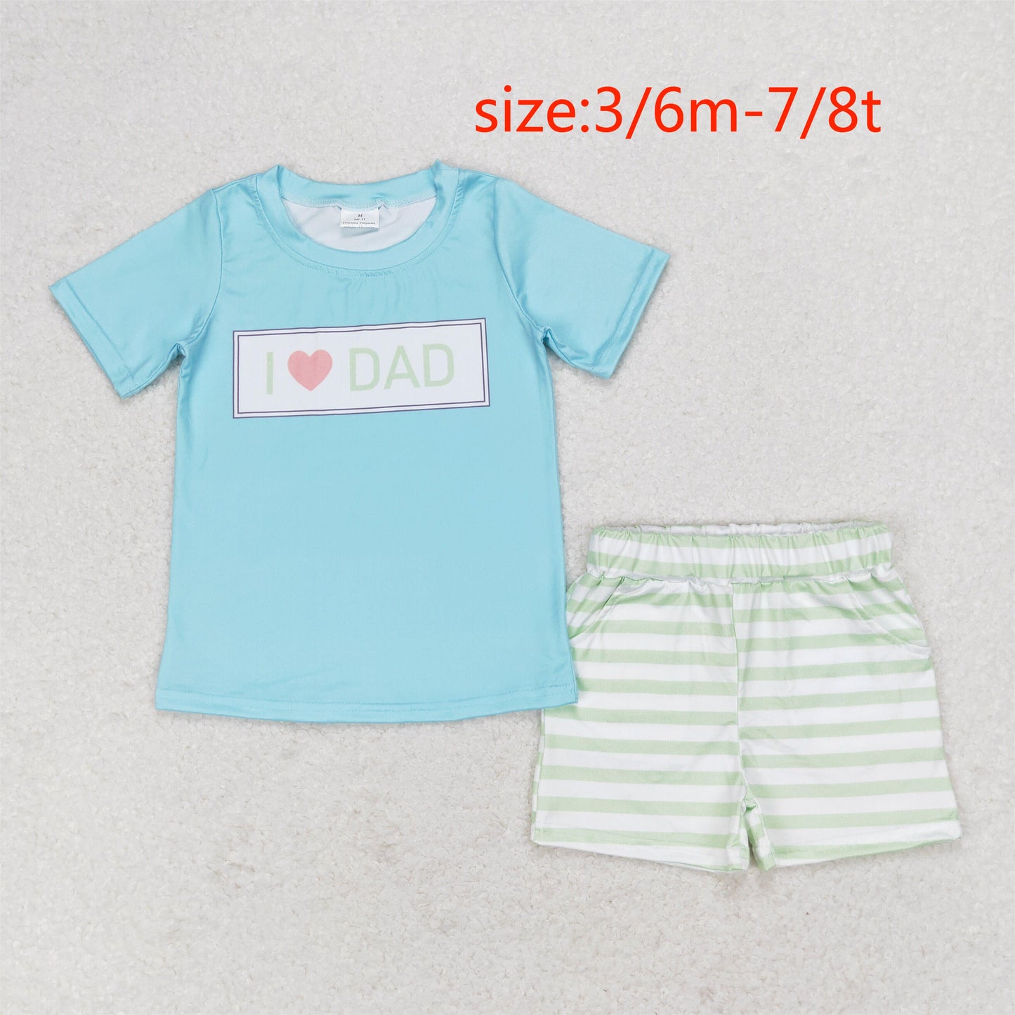 RTS NO MOQ(In Stock) I love dad letter blue short sleeve green striped shorts suit