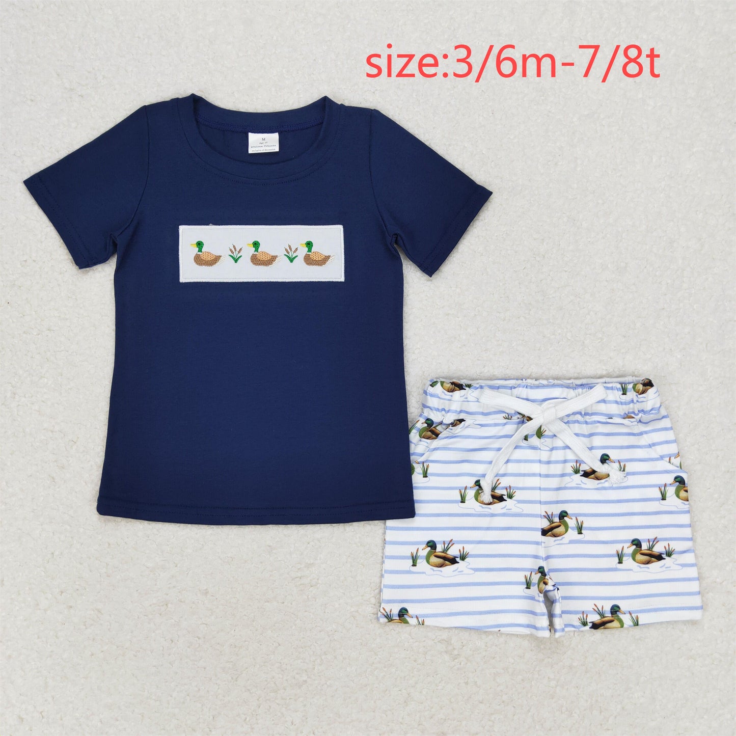 RTS NO MOQ(In Stock) BSSO0884 Embroidered three ducks navy blue short sleeve striped shorts set