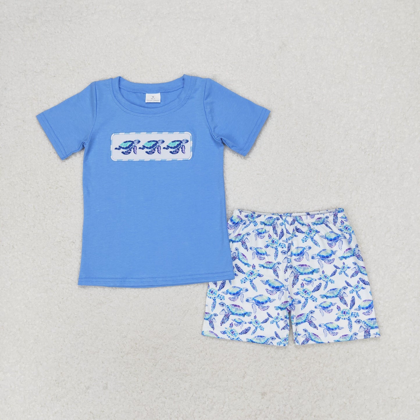 RTS NO MOQ(In Stock) BSSO0916 Embroidered Turtle Blue Short Sleeve Shorts Set