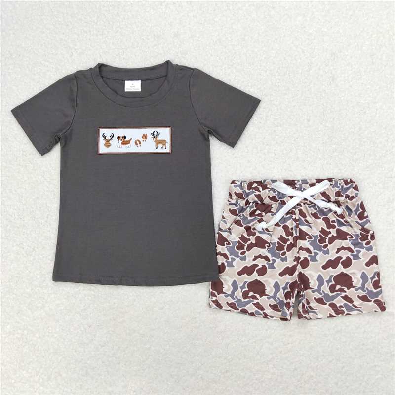 RTS NO MOQ(In Stock) BSSO0969 Boys Embroidered Camouflage Short Sleeve Shorts Set