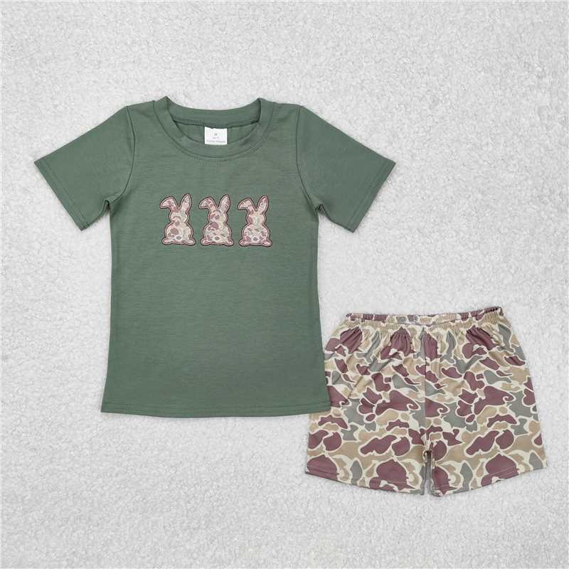 RTS NO MOQ(In Stock) BSSO1004 Boys Embroidered Camouflage bunny Short Sleeve Shorts Set
