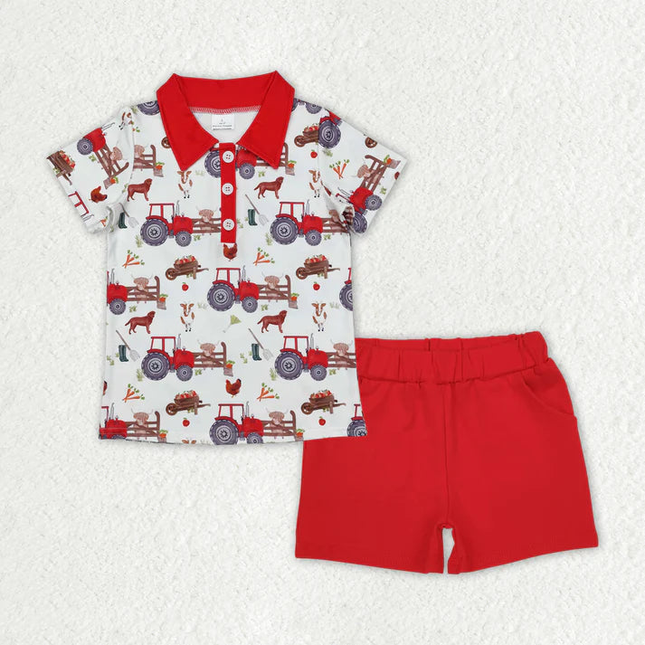 RTS NO MOQ Red Cotton Baby Boys Farm Trucks Outfit Set Comfortable Breathable Tops Clothing Set for Infants