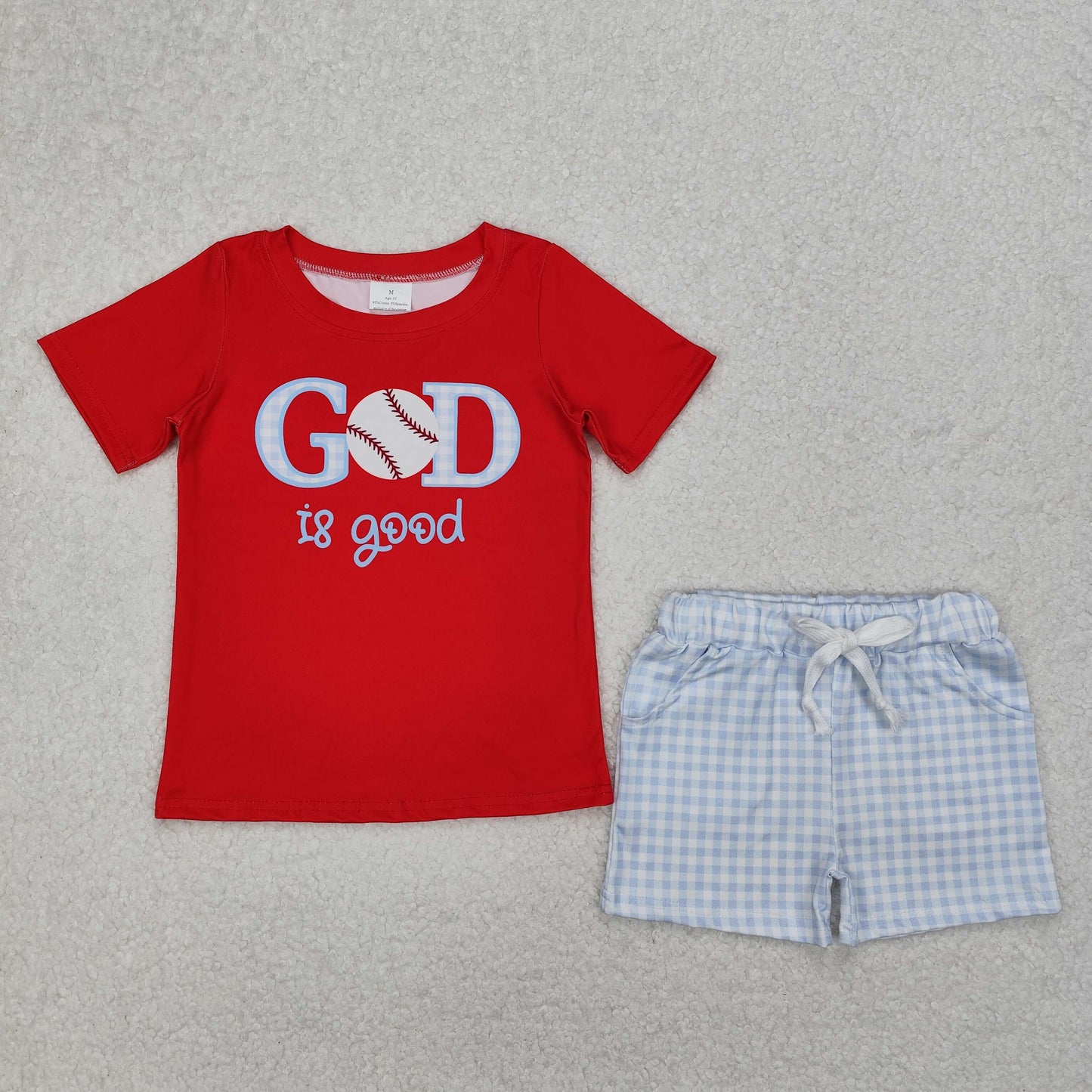 RTS NO MOQ(In Stock) god is good baseball red short sleeve blue plaid shorts set