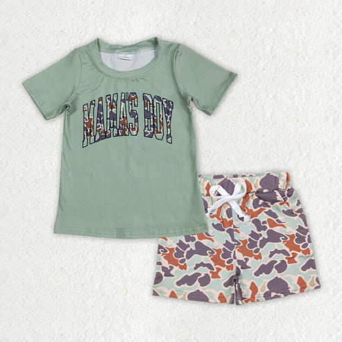 RTS NO MOQ Baby Boys Green Camo 'Mama's Boy' Top with Pockets And Shorts Outfit Set