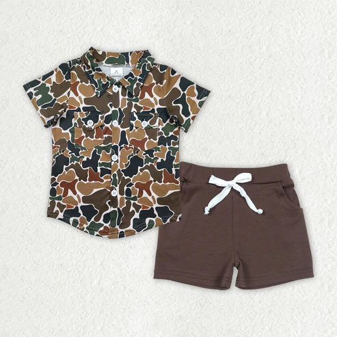 RTS NO MOQ Baby Boys Brown Camouflage Cotton Shirt with Button Pockets And Shorts Set Top Quality Baby Clothing