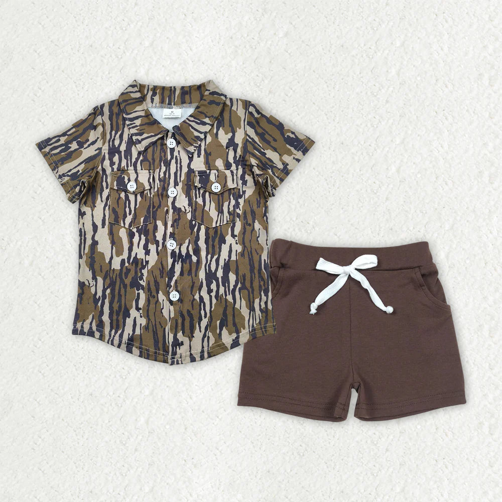 RTS NO MOQ Baby Boys Camouflage Button Detail Shirt Top with Pockets And Brown Cotton Shorts Set Outfit for Infants