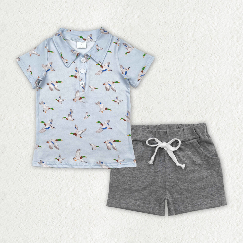 RTS NO MOQ BT1210+SS0133 baby boy clothes duck short sleeve top Light gray pocket shorts sets