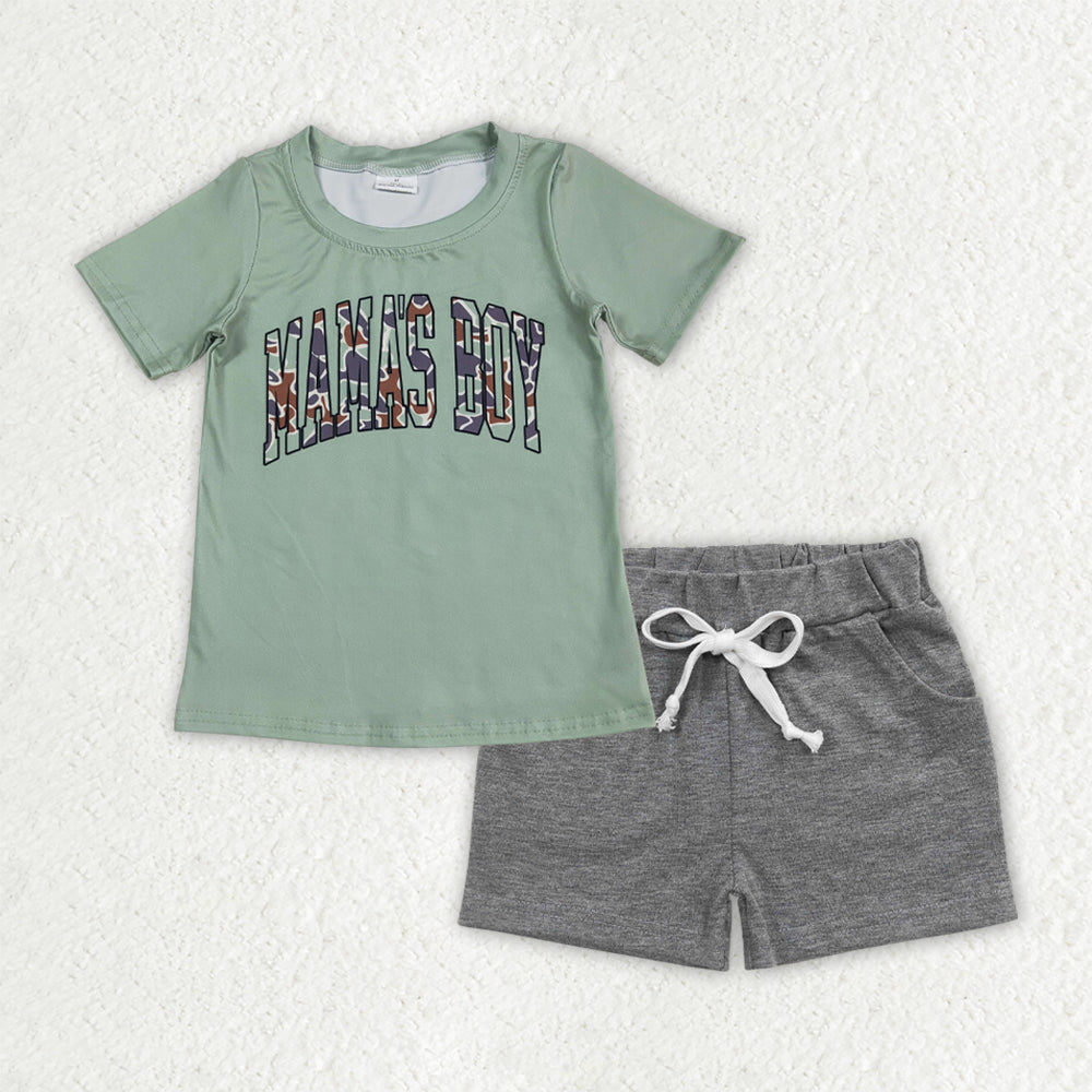 RTS NO MOQ BT1184+SS0133 mama's boy green short-sleeved shirt with letters light grey pocket shorts sets-BSSO1542
