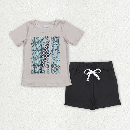 RTS NO MOQ Baby Boys 'Mama's Boy' Lightning Top with Black Pockets Shorts - Cute Casual 2-Piece Clothing Set for Infants