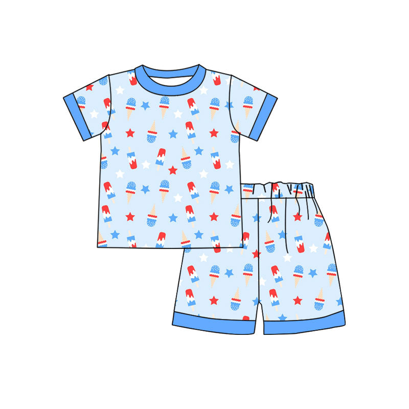 (Pre Order) No moq BSSO1642 Pre-order baby boy clothes ice cream blue short sleeve shorts sets-2025.11.3