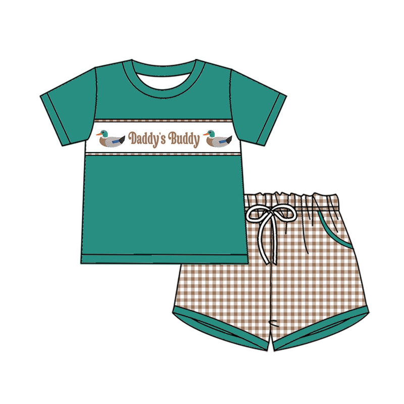 (Pre Order) No moq BSSO1656 Pre-order baby boy clothes DADDY BUDDY duck green short sleeve shorts sets-2025.11.6