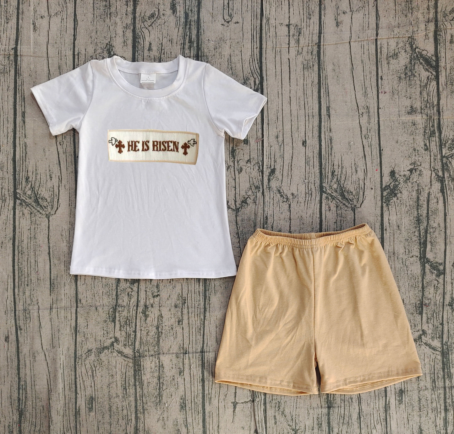 (Pre Order) No moq BSSO1674 Pre-order baby boy clothes embroidery HE IS RISEN short sleeve shorts sets-2025.11.29