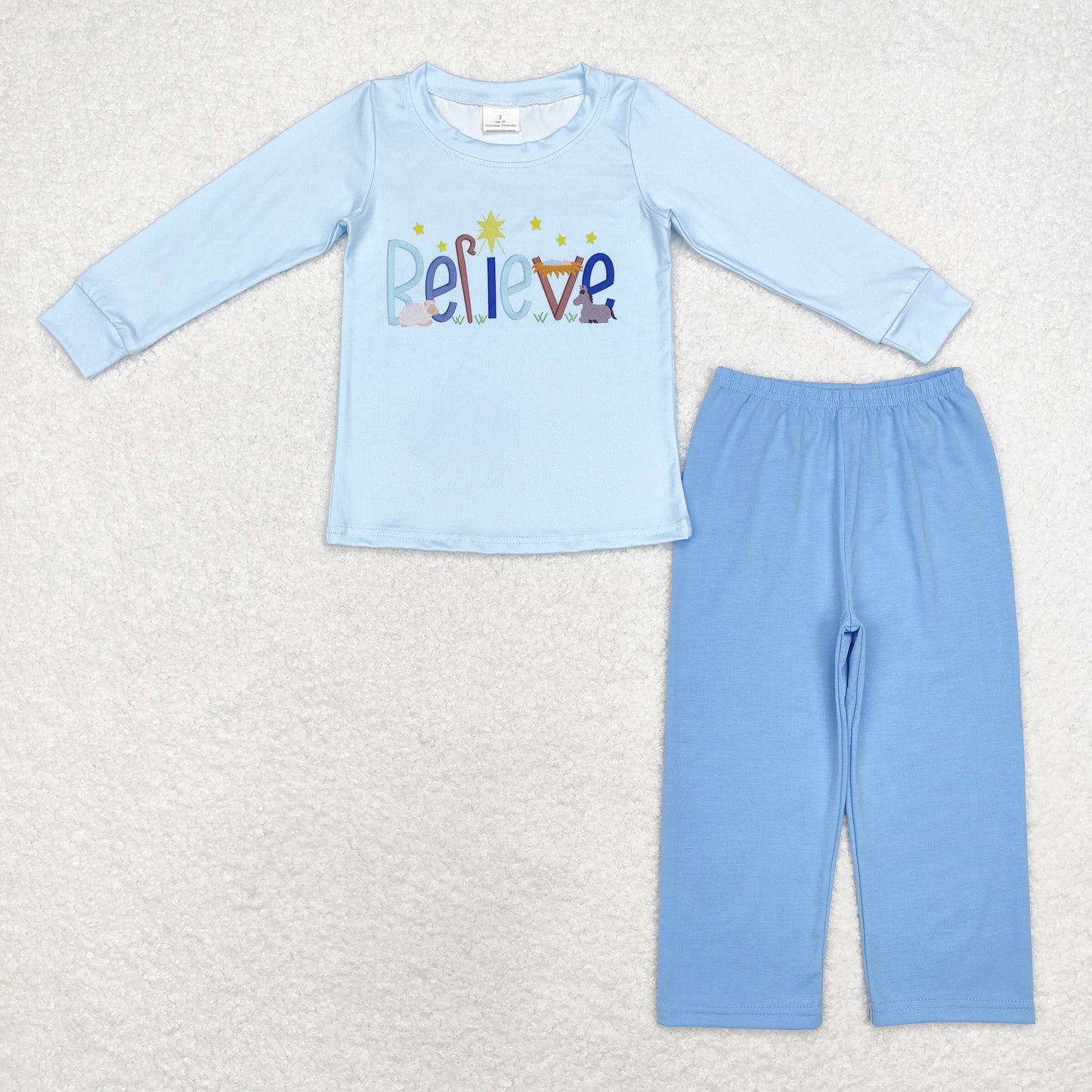 rts no moq BT0775+P0579 believe Jesus light blue long-sleeved top boys light blue trousers
