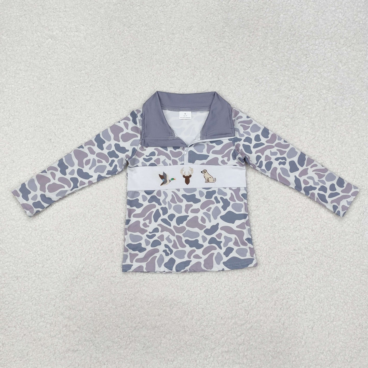 RTS NO MOQ(In Stock) BT0904 Embroidered duck elk puppy camouflage gray and blue zipper long-sleeved top