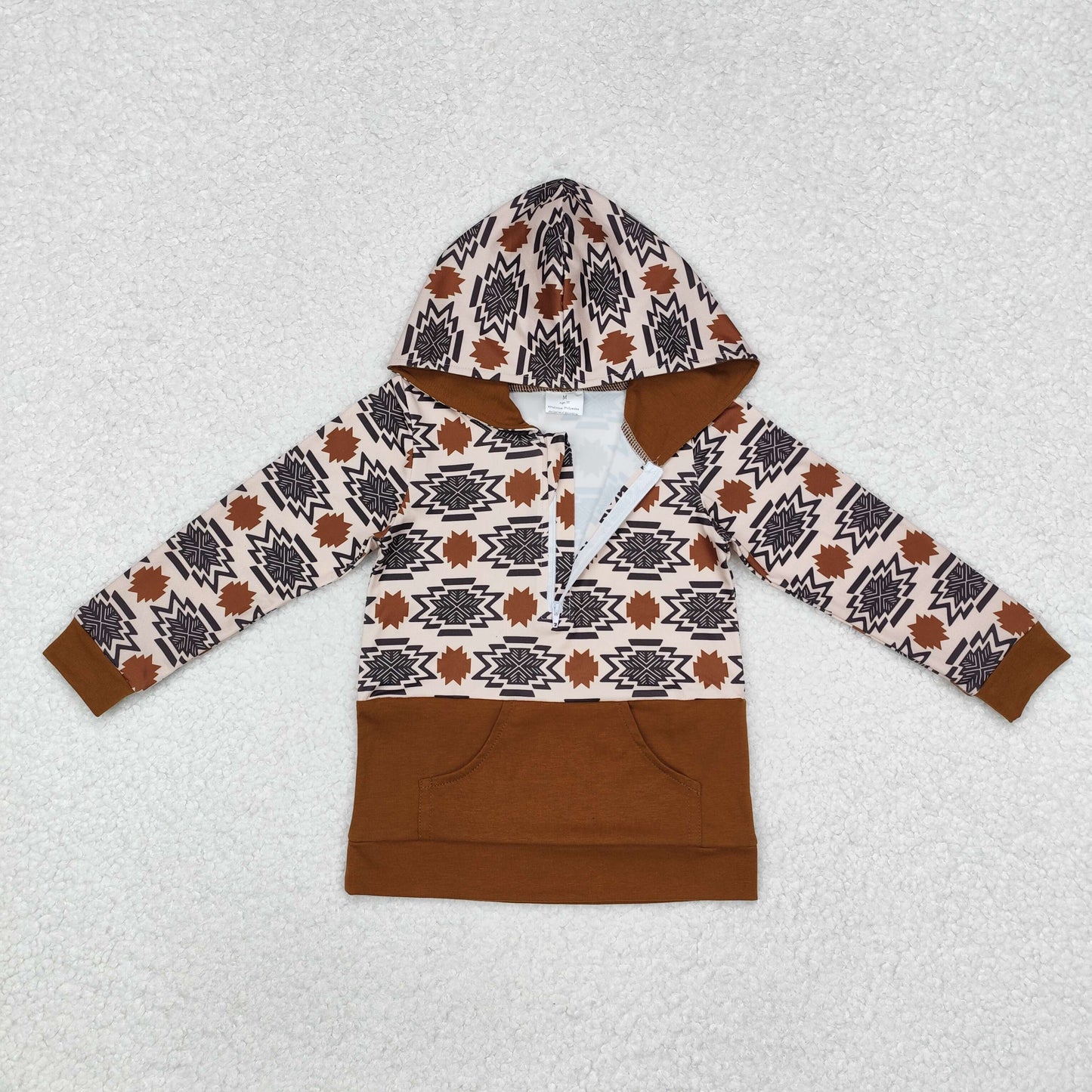 RTS NO MOQ(In Stock) BT0908 Geometric Brown Zipper Pocket Hooded Long Sleeve Top
