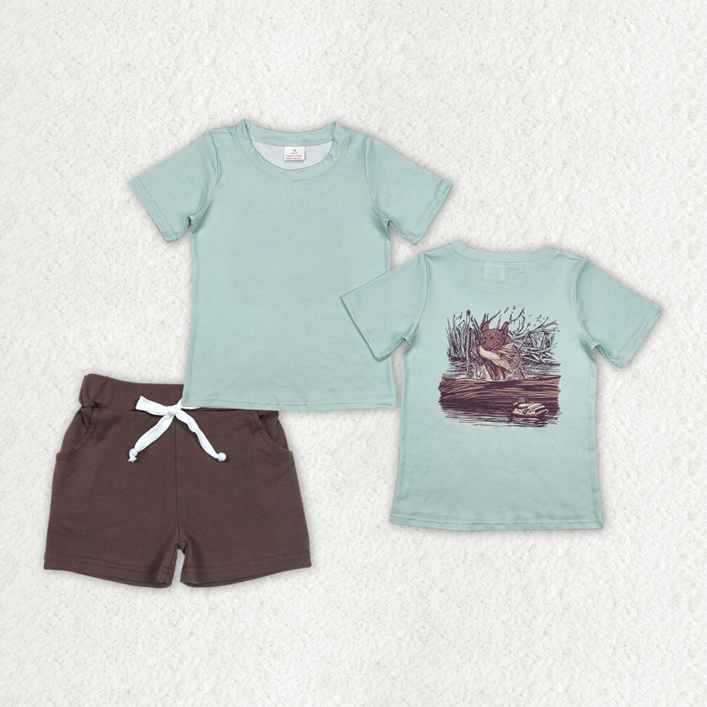 RTS NO MOQ ETA 5/7days Arrived BT1081+SS0134 Duck puppy turquoise short-sleeved top Brown shorts sets