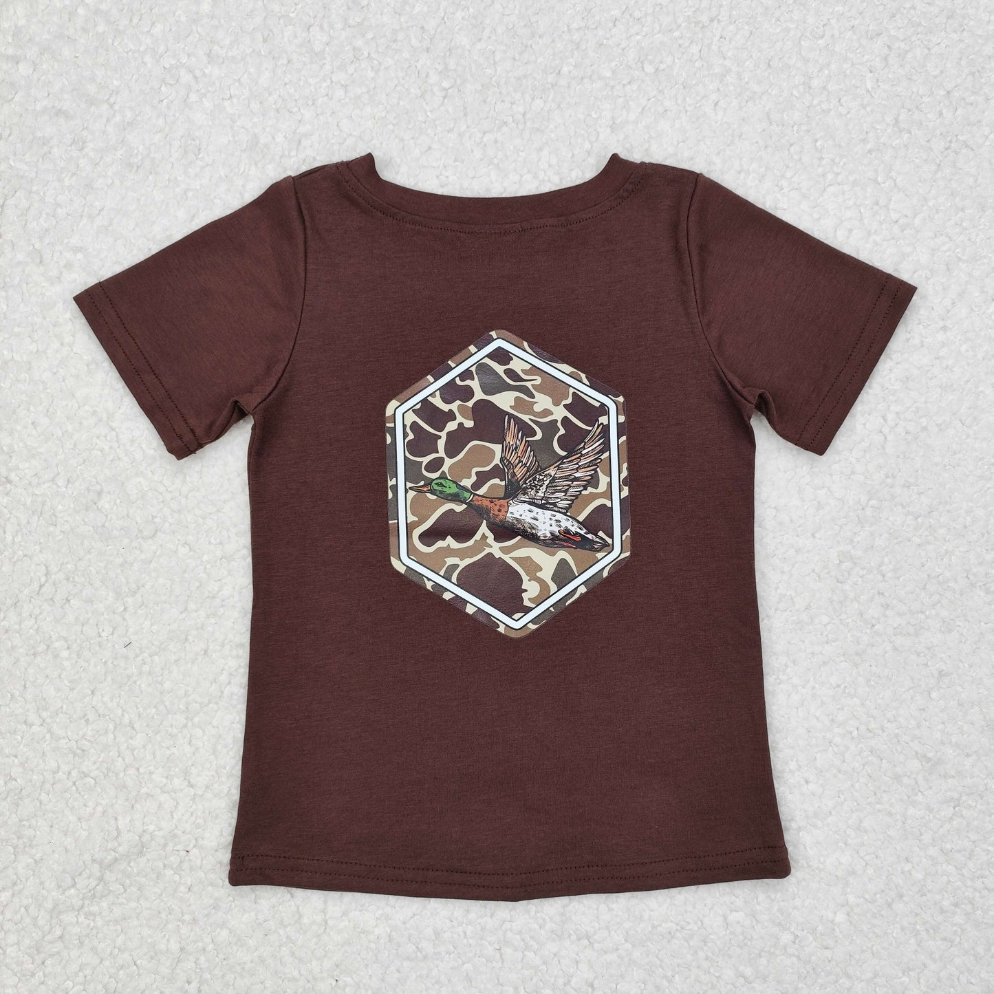 RTS NO MOQ(In Stock) Offset camouflage duck dark brown short sleeve top