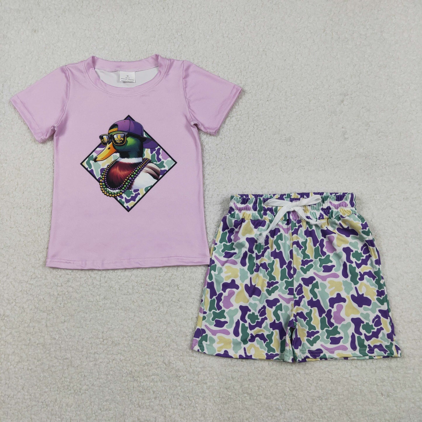 RTS NO MOQ(In Stock) BT1415+SS0734 Carnival Sunglasses Duck Purple Short-Sleeve Top Boy Camouflage Shorts set-BSSO1583