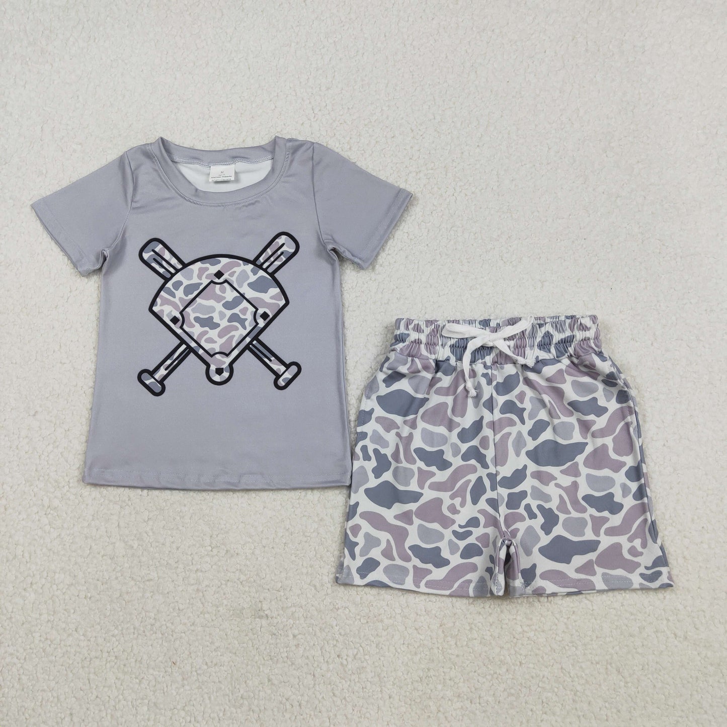 RTS NO MOQ(In Stock) camouflage beige fan-shaped baseball short-sleeved shirt Boys' shorts set-BSSO1589