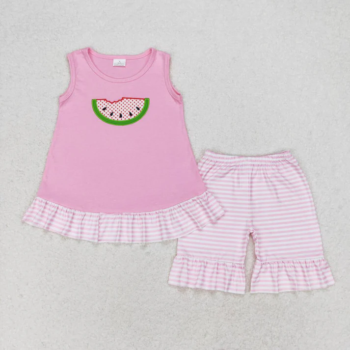 RTS NO MOQ embroidery Baby Girls Watermelon Summer Sibling Sister Rompers Clothes Sets