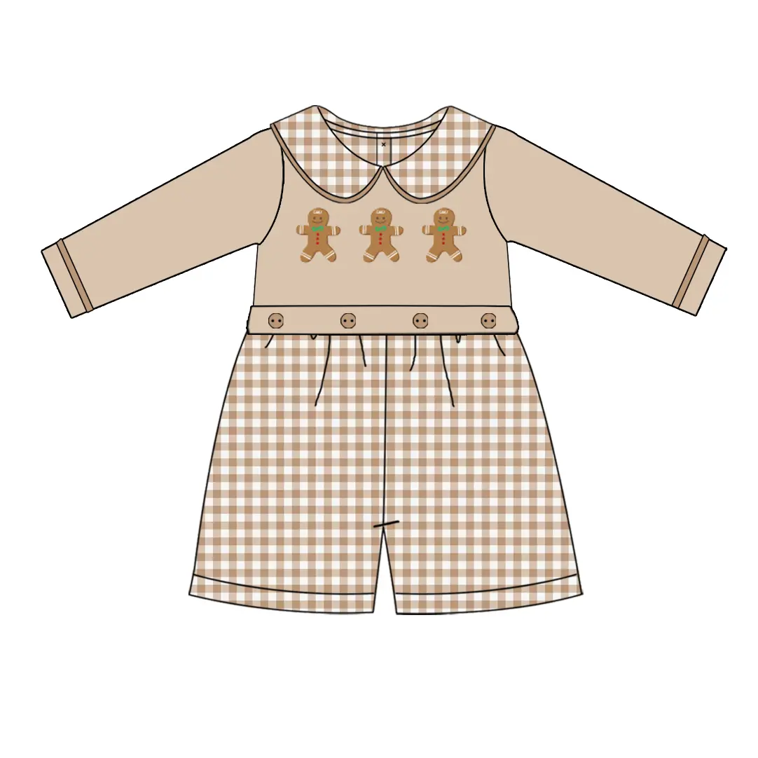 Custom moq 3 eta 6-8 weeks Biscuit Bear Pattern Brown Plaid Doll Collar Long Sleeve Shorts Romper