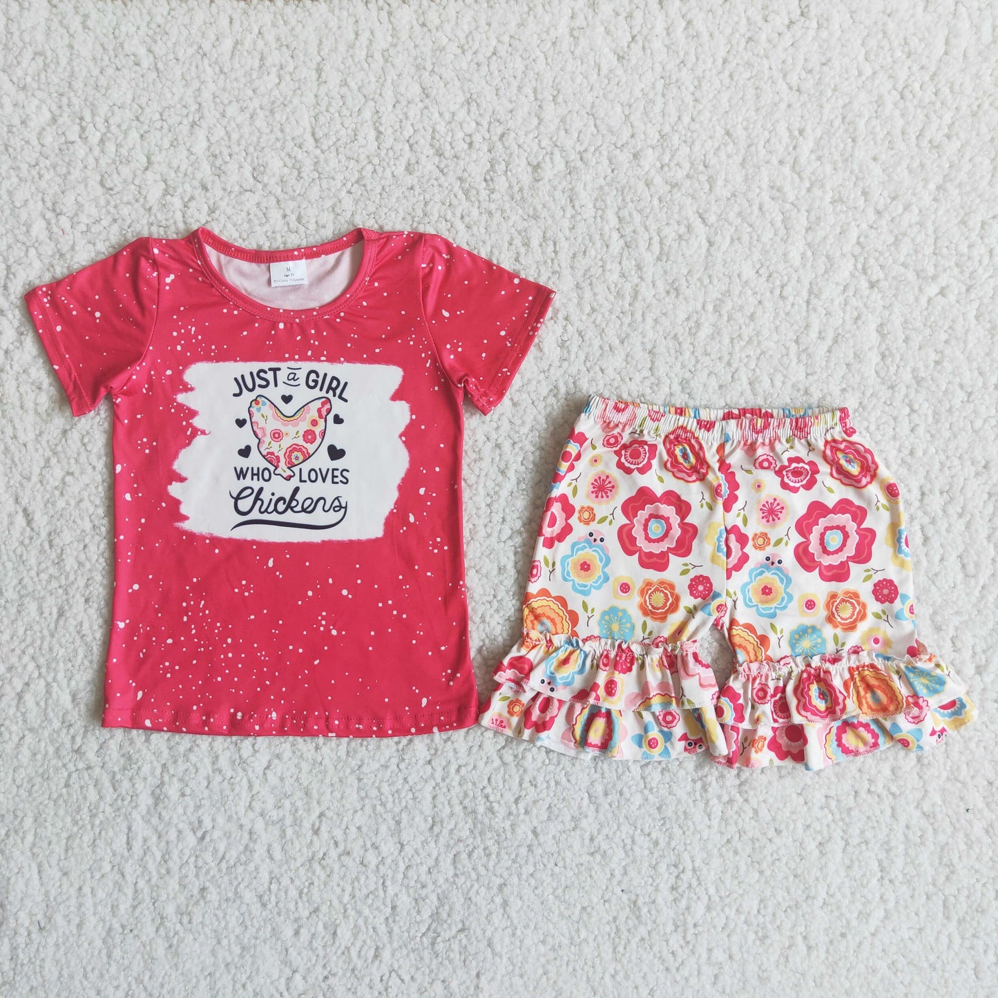 RTS NO MOQ C14-4 Red Chicken Short Sleeve Red Flower Shorts Set