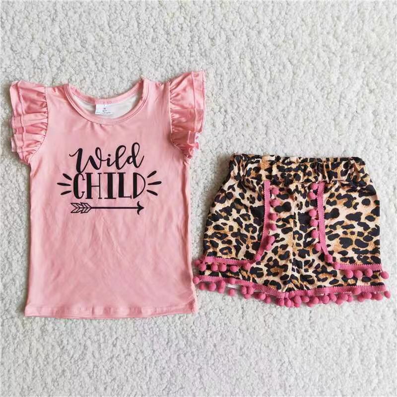 RTS NO MOQ C3-3 wild child pink sleeve leopard print shorts