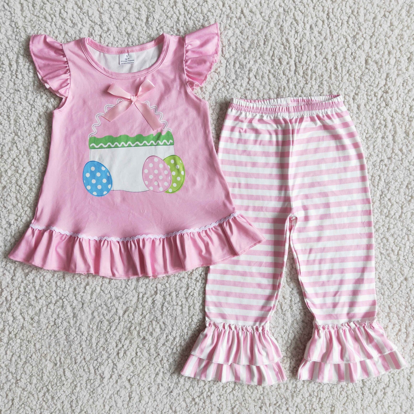 RTS NO MOQ ETA 5/7days Arrived D1-13 Easter Pink Bow Flying Sleeve Egg Top Striped Long