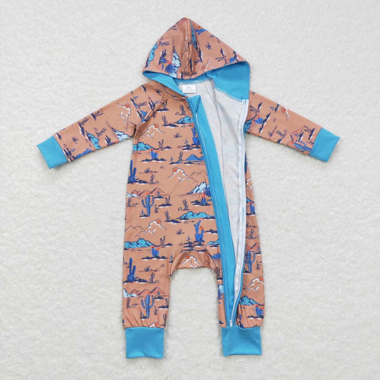 LR0702 Desert Cactus Brown Blue Hooded Zip Long Sleeve Jumpsuit