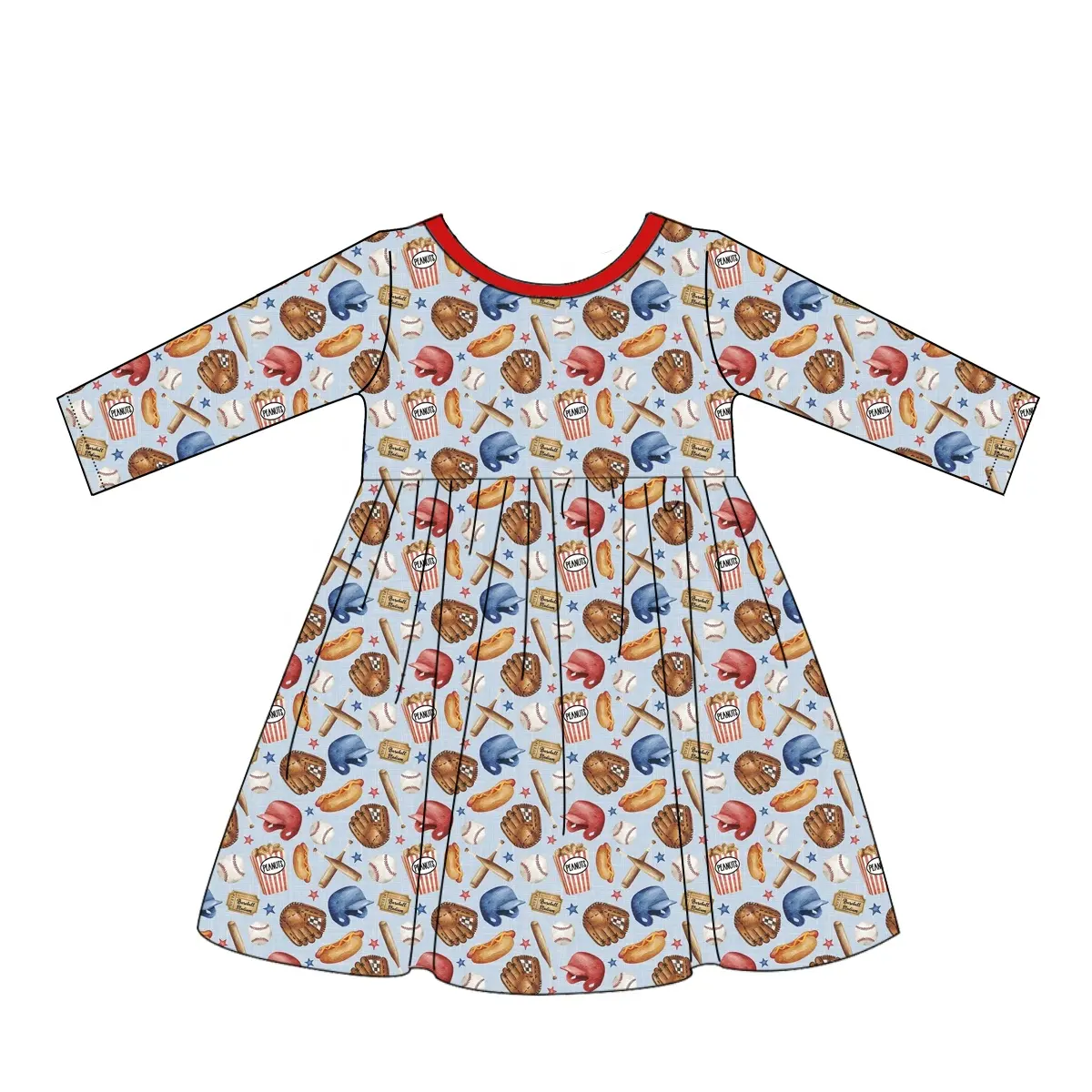 Custom moq 3 eta 7/8week moq 5 eta /4/5week Red Bread & Chips Hat Long Sleeve Dress