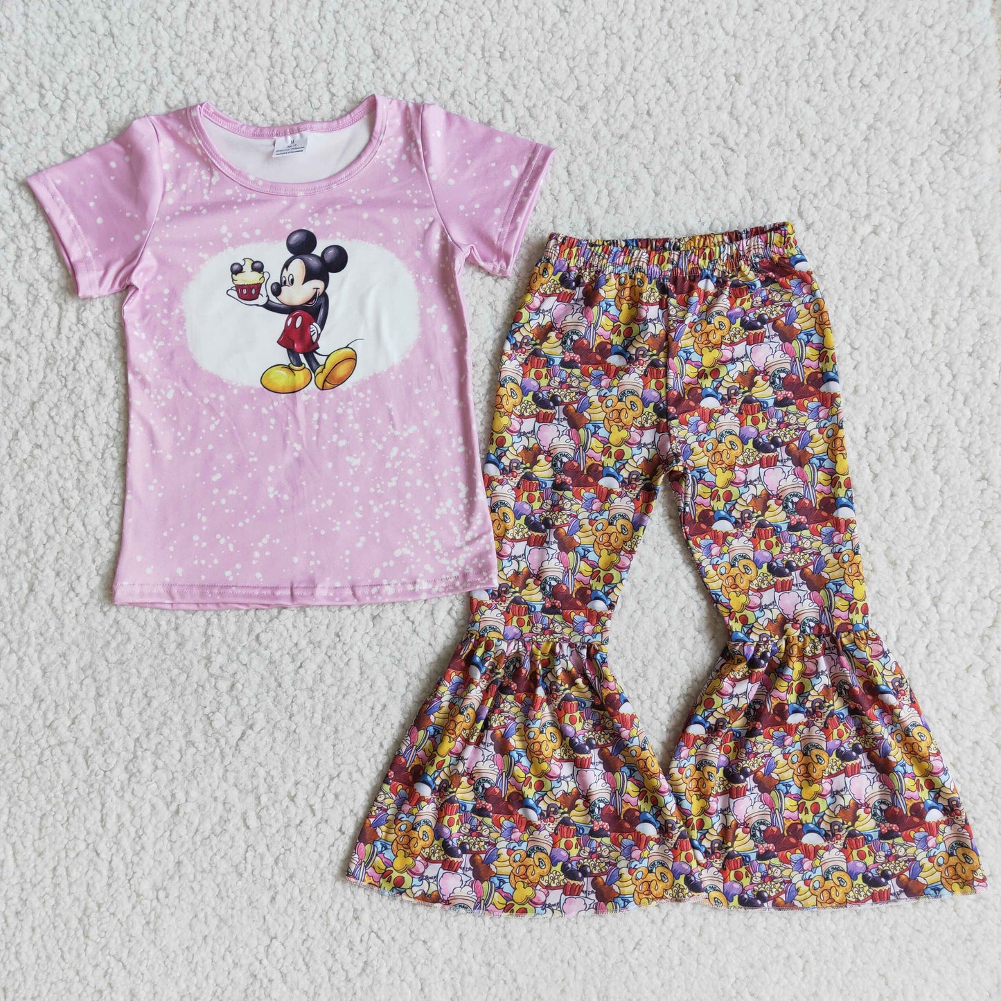 RTS NO MOQ ETA 5/7days Arrived E11-11 Pink Mickey Short Sleeve Flared Pants Suit